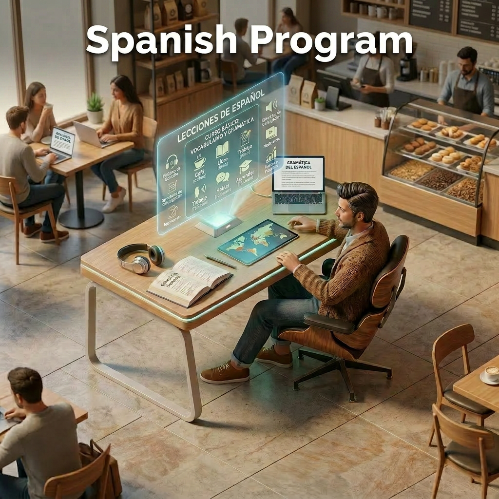 Person at desk interacting with holographic Spanish language learning interface showing map and vocabulary