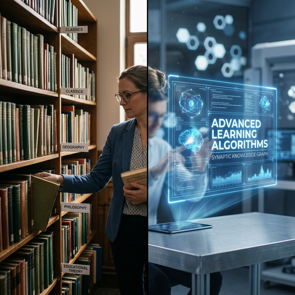 Woman selecting books from library shelves labeled Classics, Geography, Philosophy, Educational Theory; holographic display showing advanced learning algorithms